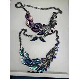 Lot Of Necklaces 2 Heavy Lily Flowers Pink/Purple Green/ Blue Metal 1pr Earrings